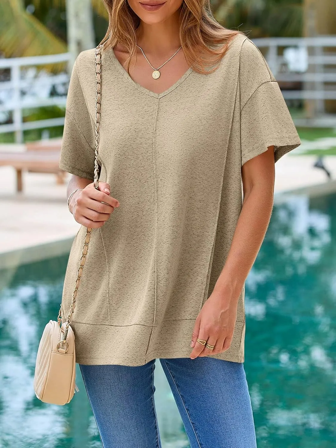Tankaneo Womens Oversized Tshirts Knit V Neck Short Sleeve Tunic Tops Summer Casual Loose Fit Tee Shirts