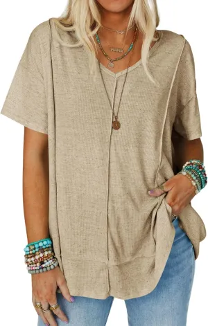 Tankaneo Womens Oversized Tshirts Knit V Neck Short Sleeve Tunic Tops Summer Casual Loose Fit Tee Shirts