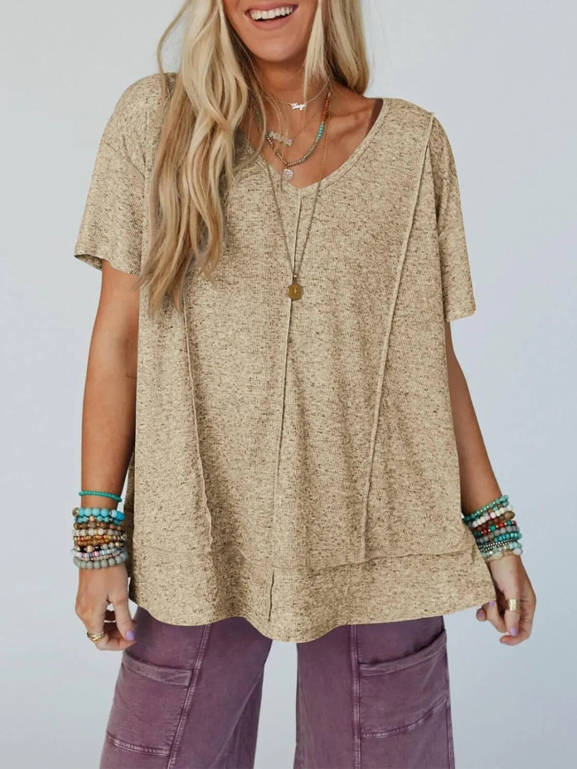 Tankaneo Womens Oversized Tshirts Knit V Neck Short Sleeve Tunic Tops Summer Casual Loose Fit Tee Shirts