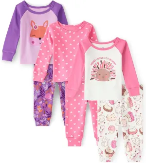 The Children's Place Baby Girl's and Toddler Long Sleeve Top and Pants Snug Fit 100% Cotton 3 Pack Pajama Set