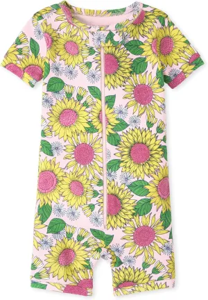 The Children's Place Baby Girls' and Toddler Short Sleeve Zip-Front One Piece Footless Pajama Snug Fit 100% Cotton