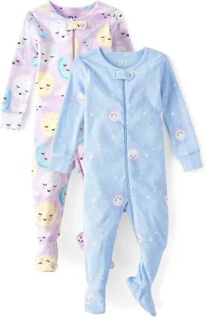 The Children's Place Baby Girls' and Toddler Snug Fit 100% Cotton Zip-Front One Piece Footed Pajamas 2-Pack