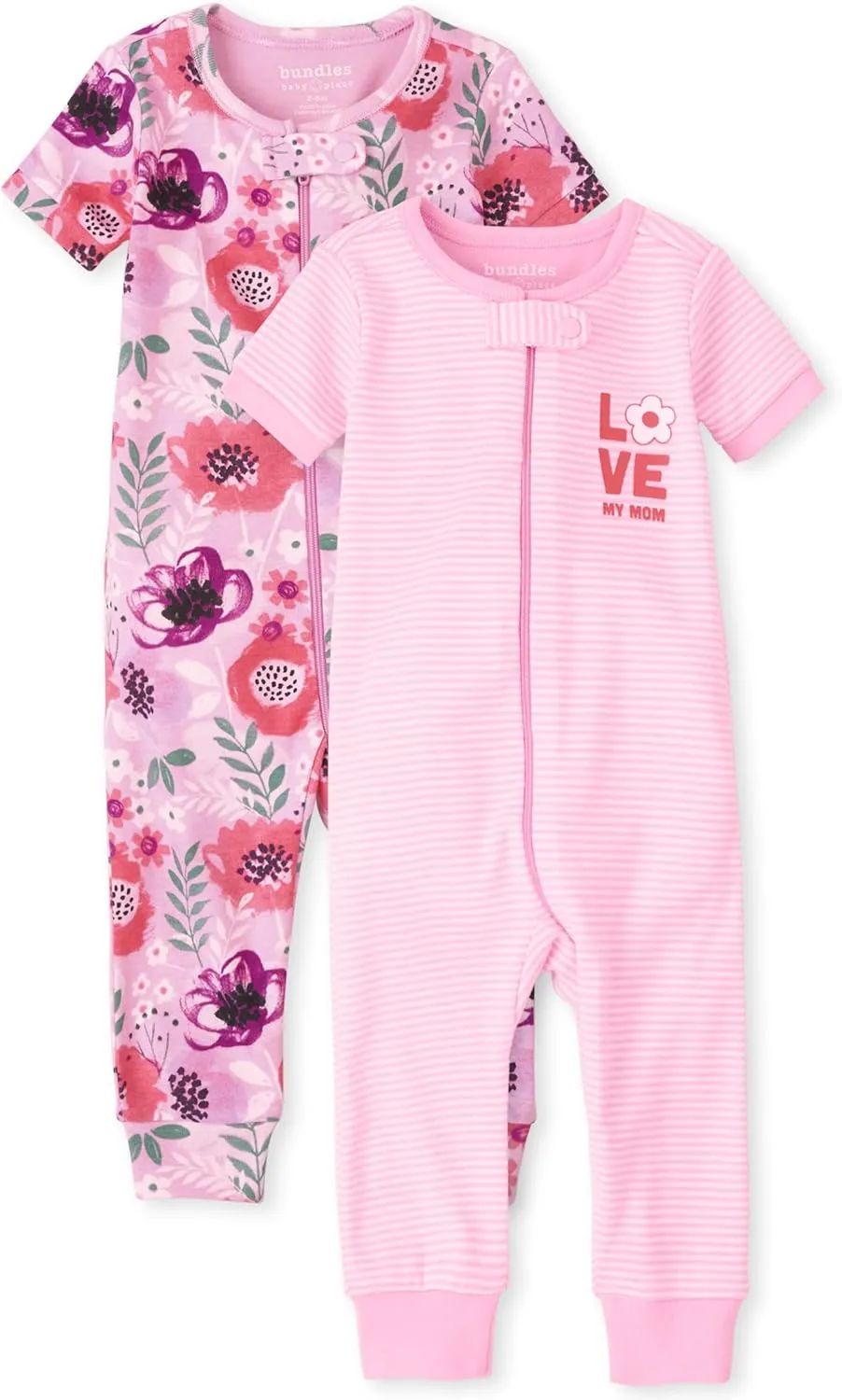 The Children's Place Baby-Girls Love Mom Floral Snug Fit Cotton Zip Front One Piece Footed Pajama 2 Pack