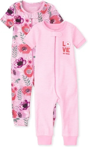The Children's Place Baby-Girls Love Mom Floral Snug Fit Cotton Zip Front One Piece Footed Pajama 2 Pack