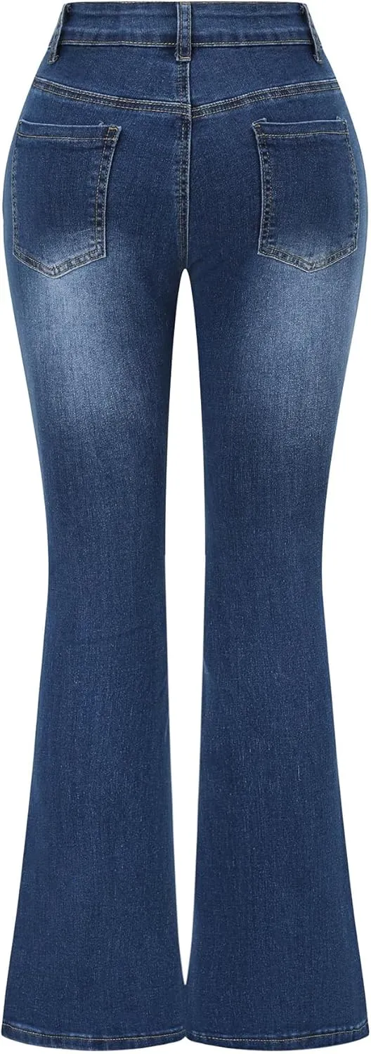 THUNDER STAR Womens Stretchy Mid Rise Flare Jeans Distressed Denim Bell Bottom Pants