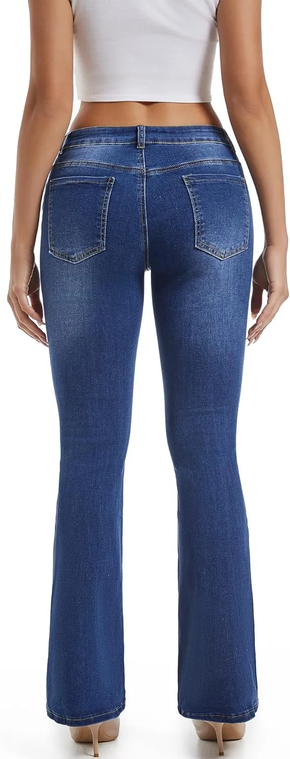THUNDER STAR Womens Stretchy Mid Rise Flare Jeans Distressed Denim Bell Bottom Pants