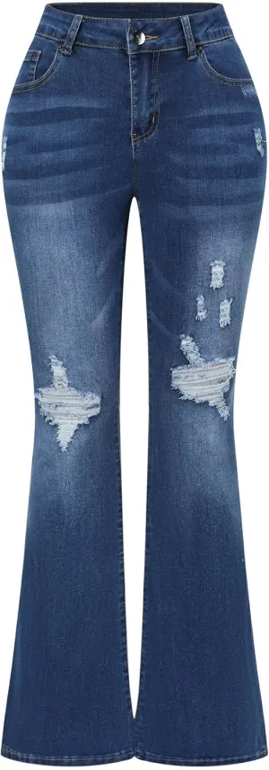 THUNDER STAR Womens Stretchy Mid Rise Flare Jeans Distressed Denim Bell Bottom Pants