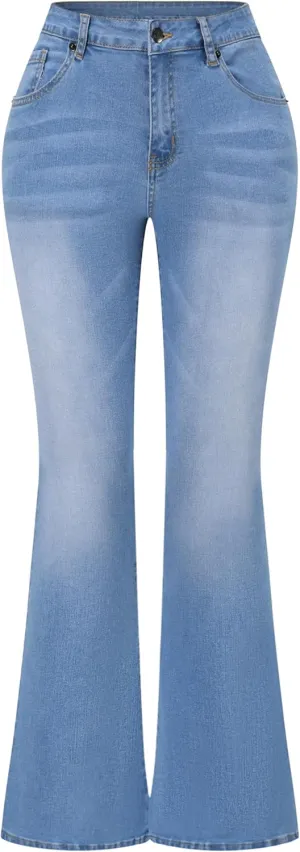 THUNDER STAR Womens Stretchy Mid Rise Flare Jeans Distressed Denim Bell Bottom Pants