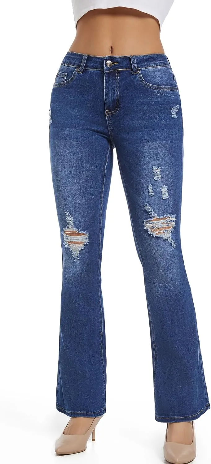 THUNDER STAR Womens Stretchy Mid Rise Flare Jeans Distressed Denim Bell Bottom Pants