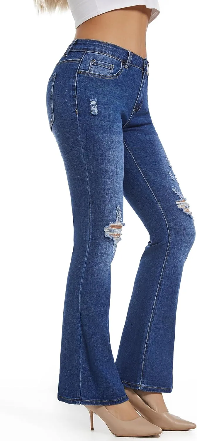 THUNDER STAR Womens Stretchy Mid Rise Flare Jeans Distressed Denim Bell Bottom Pants