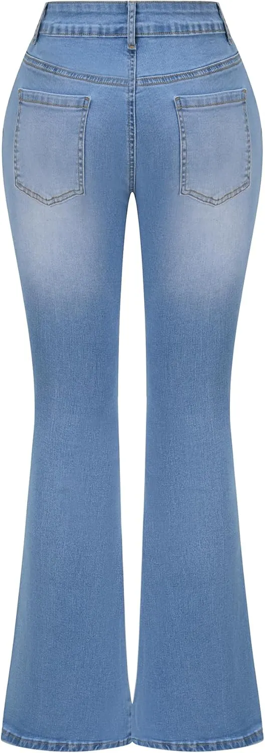 THUNDER STAR Womens Stretchy Mid Rise Flare Jeans Distressed Denim Bell Bottom Pants