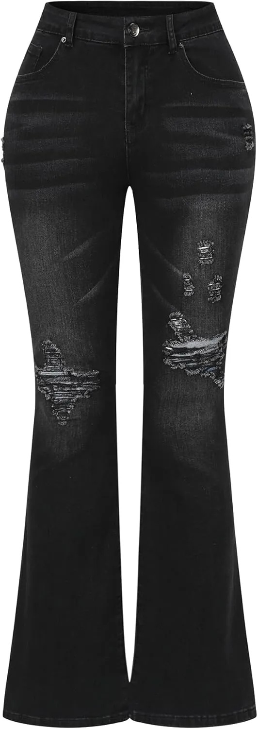 THUNDER STAR Womens Stretchy Mid Rise Flare Jeans Distressed Denim Bell Bottom Pants