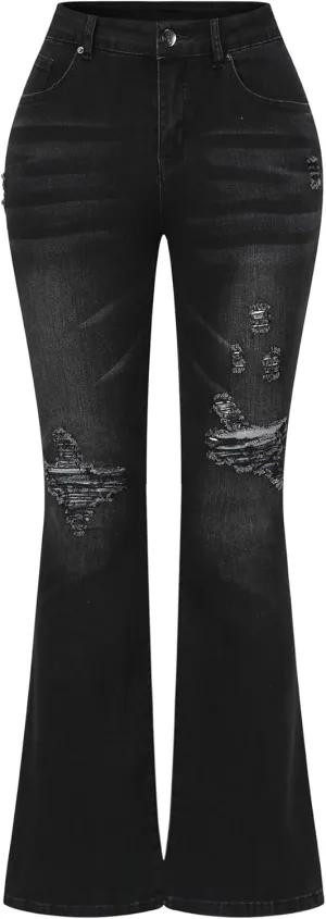 THUNDER STAR Womens Stretchy Mid Rise Flare Jeans Distressed Denim Bell Bottom Pants