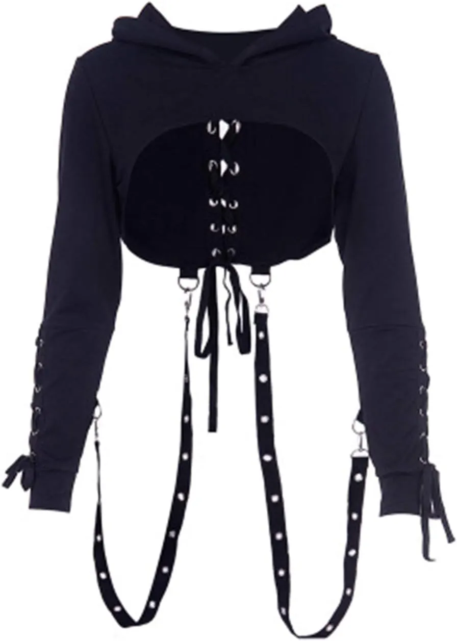 TOMETO STAR Women Gothic Punk Hoodies Bandage Crop Tops Long Sleeve Pullover Sweatshirt for Rave Festivals Streetwear
