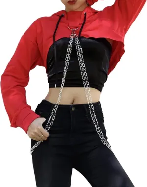 TOMETO STAR Women Gothic Punk Hoodies Bandage Crop Tops Long Sleeve Pullover Sweatshirt for Rave Festivals Streetwear