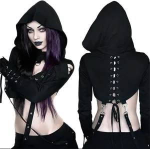 TOMETO STAR Women Gothic Punk Hoodies Bandage Crop Tops Long Sleeve Pullover Sweatshirt for Rave Festivals Streetwear