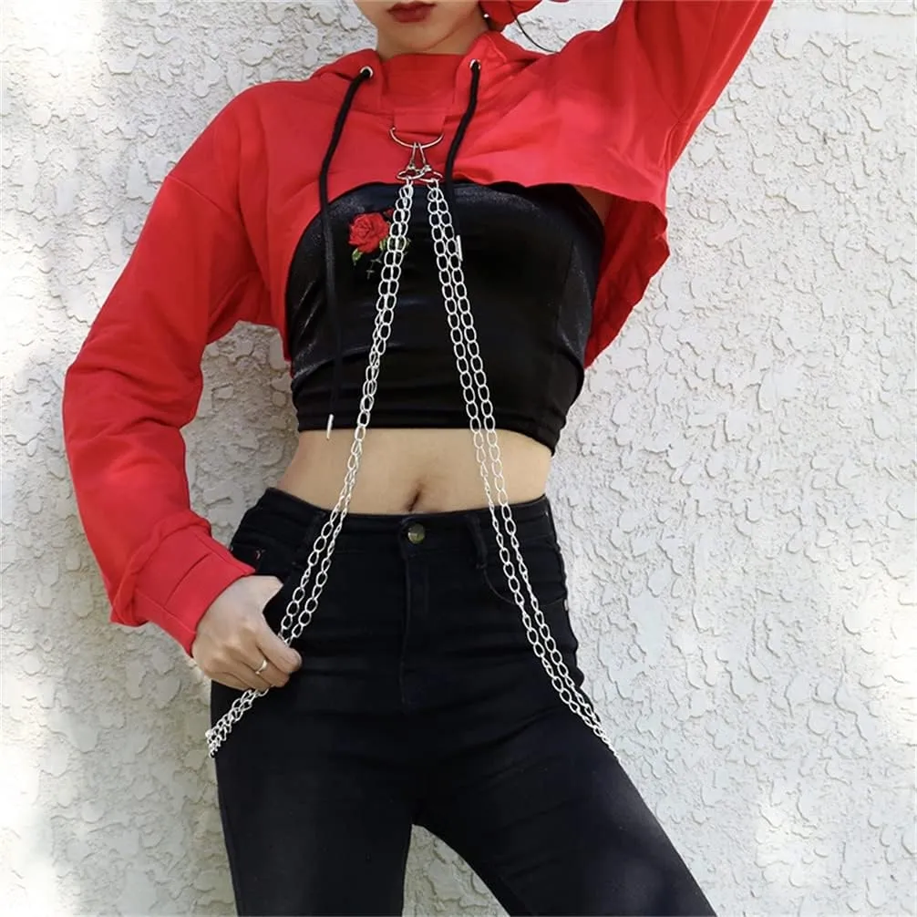 TOMETO STAR Women Gothic Punk Hoodies Bandage Crop Tops Long Sleeve Pullover Sweatshirt for Rave Festivals Streetwear
