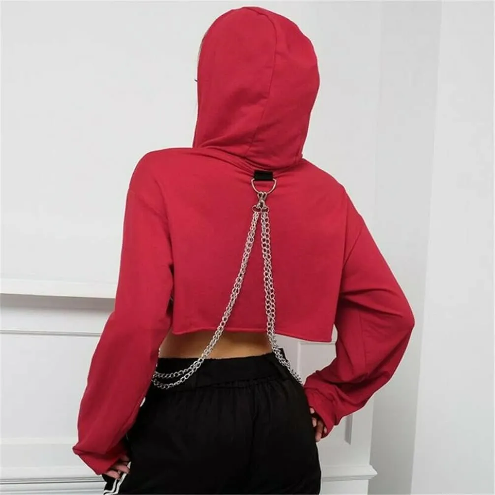 TOMETO STAR Women Gothic Punk Hoodies Bandage Crop Tops Long Sleeve Pullover Sweatshirt for Rave Festivals Streetwear