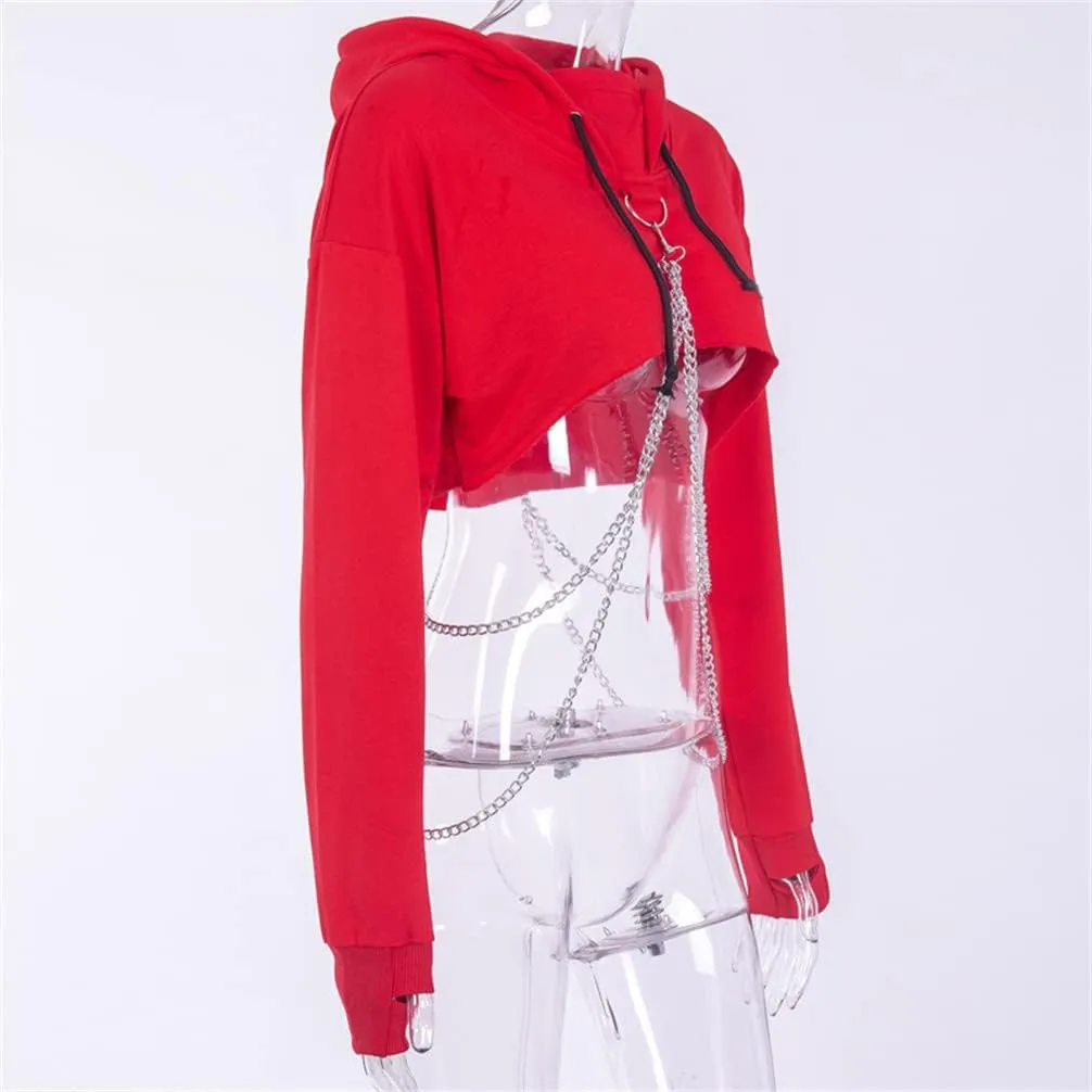 TOMETO STAR Women Gothic Punk Hoodies Bandage Crop Tops Long Sleeve Pullover Sweatshirt for Rave Festivals Streetwear