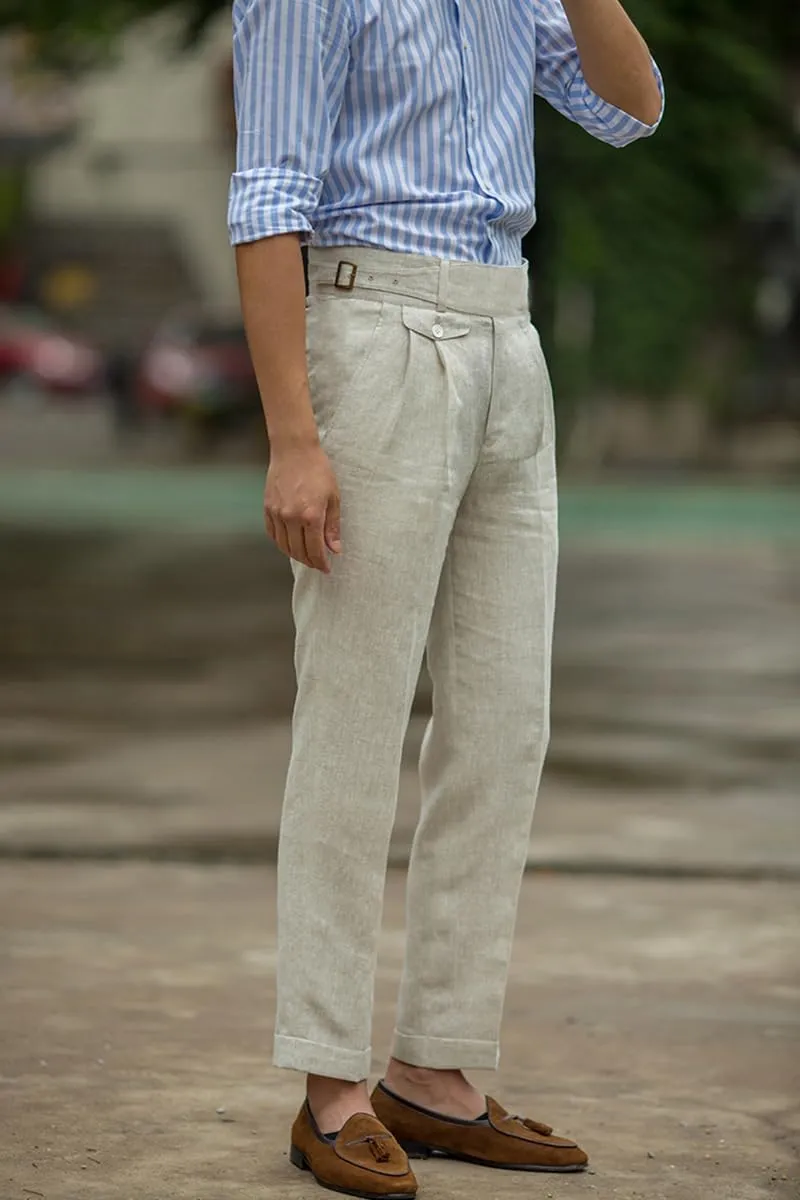 Uohzus Men's Linen Dress Pant Modern Fit Hemmed Pant Summer Beach Wedding Trousers