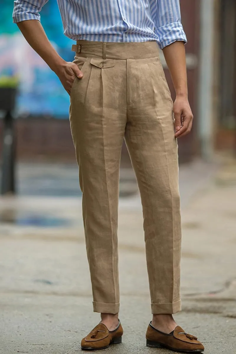 Uohzus Men's Linen Dress Pant Modern Fit Hemmed Pant Summer Beach Wedding Trousers