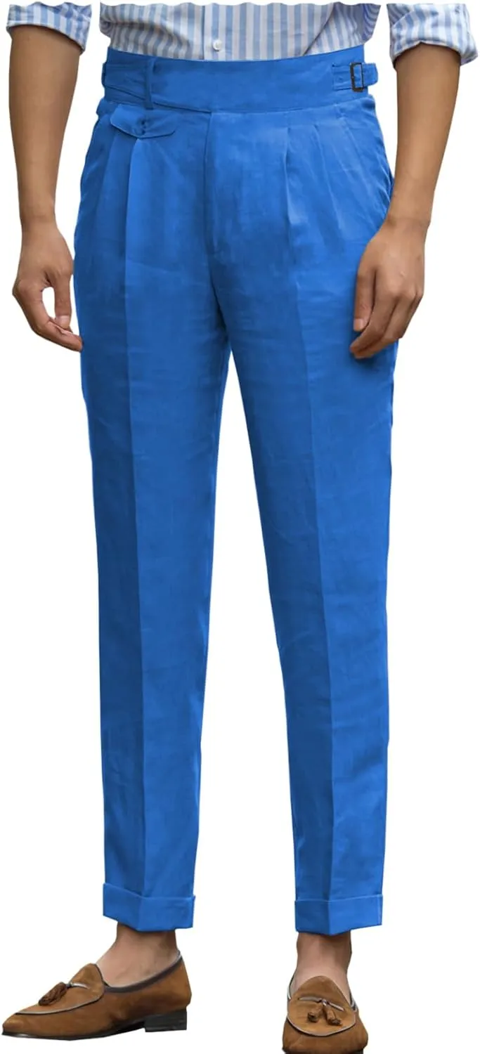 Uohzus Men's Linen Dress Pant Modern Fit Hemmed Pant Summer Beach Wedding Trousers