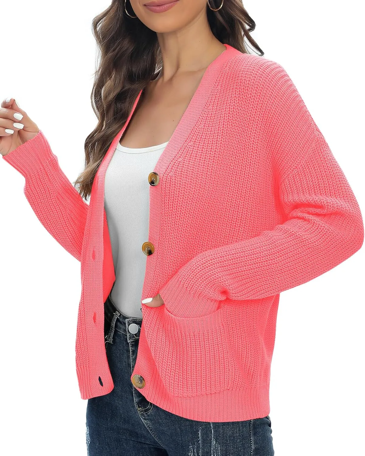 Urban CoCo Women's Lightweight Knit Open Front V-Neck Long Sleeve Button Down Casual Cardigan with Pockets