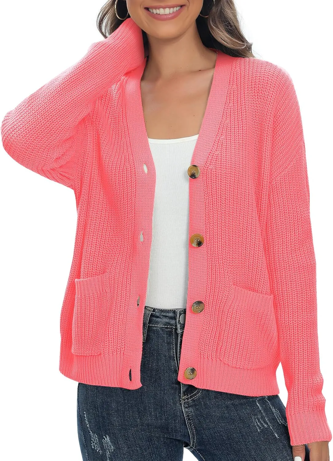 Urban CoCo Women's Lightweight Knit Open Front V-Neck Long Sleeve Button Down Casual Cardigan with Pockets