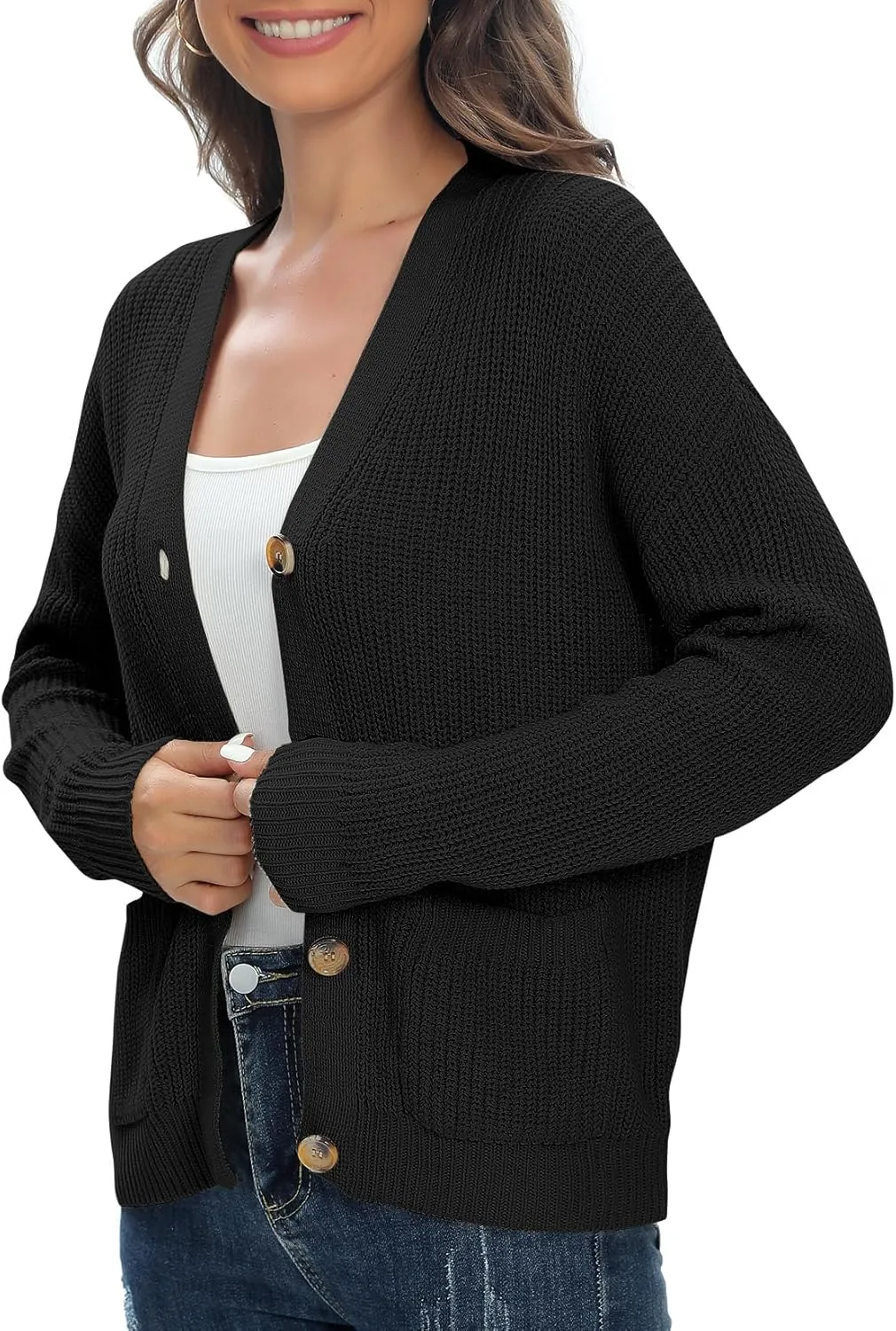 Urban CoCo Women's Lightweight Knit Open Front V-Neck Long Sleeve Button Down Casual Cardigan with Pockets