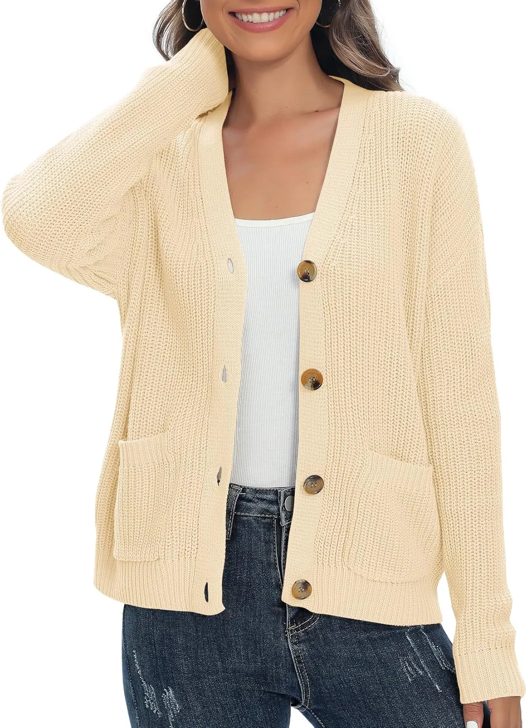 Urban CoCo Women's Lightweight Knit Open Front V-Neck Long Sleeve Button Down Casual Cardigan with Pockets