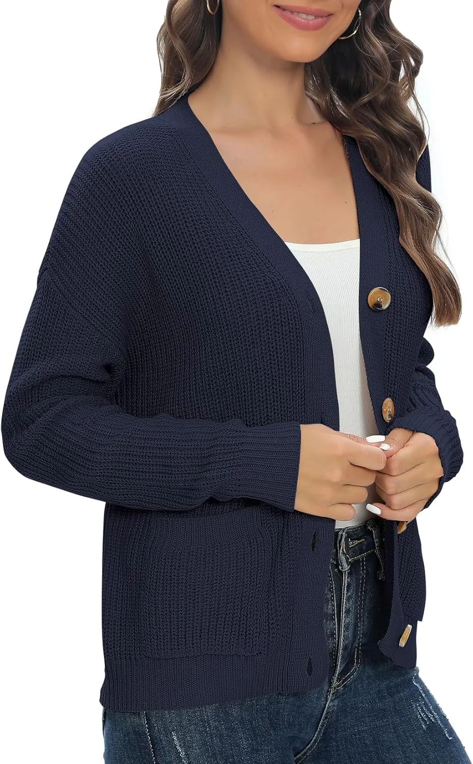 Urban CoCo Women's Lightweight Knit Open Front V-Neck Long Sleeve Button Down Casual Cardigan with Pockets