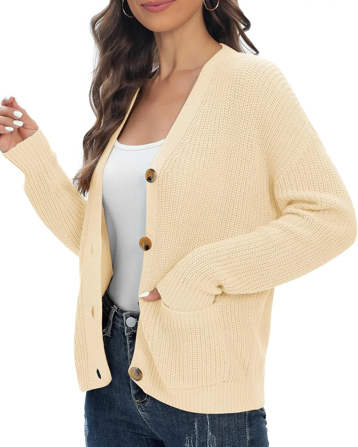 Urban CoCo Women's Lightweight Knit Open Front V-Neck Long Sleeve Button Down Casual Cardigan with Pockets
