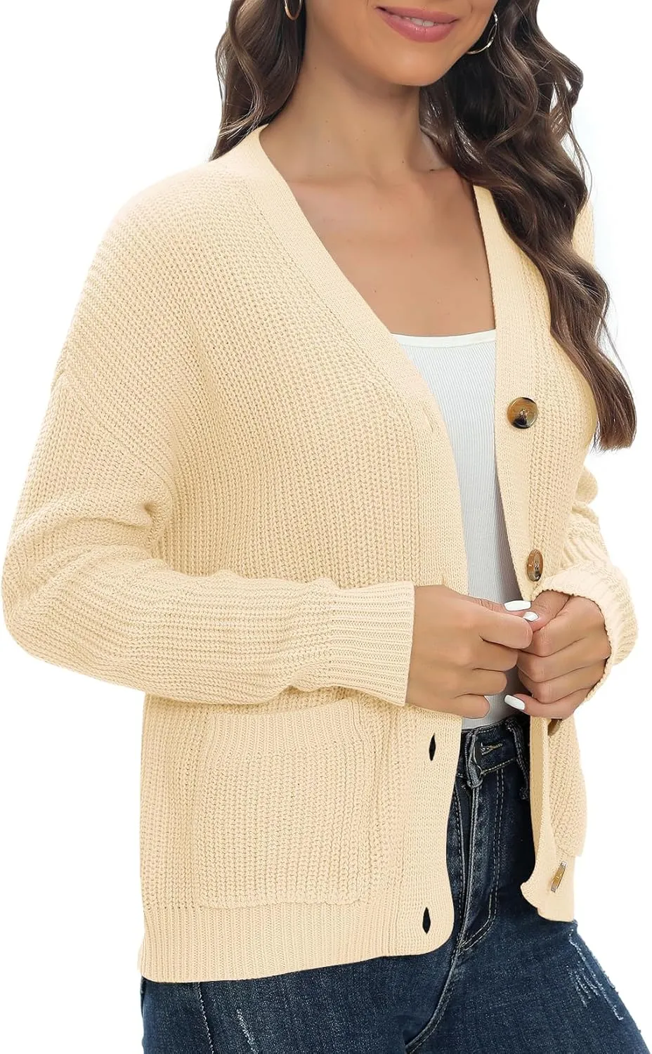 Urban CoCo Women's Lightweight Knit Open Front V-Neck Long Sleeve Button Down Casual Cardigan with Pockets