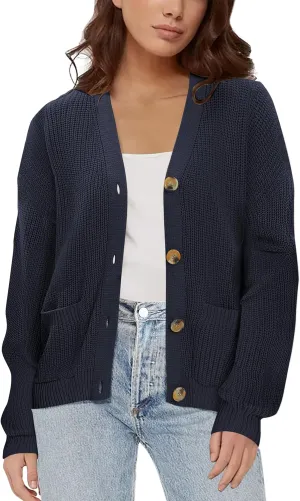 Urban CoCo Women's Lightweight Knit Open Front V-Neck Long Sleeve Button Down Casual Cardigan with Pockets