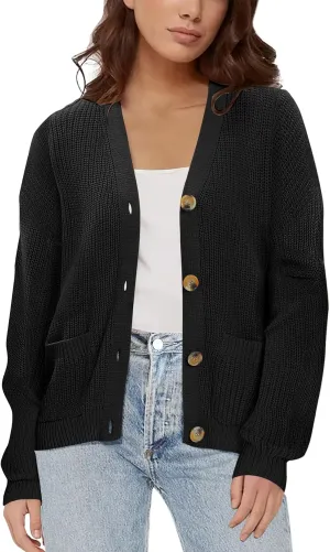 Urban CoCo Women's Lightweight Knit Open Front V-Neck Long Sleeve Button Down Casual Cardigan with Pockets