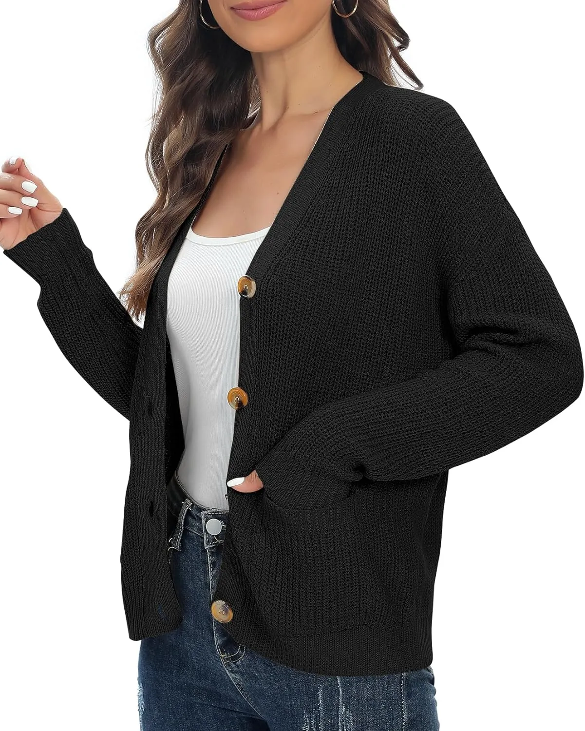 Urban CoCo Women's Lightweight Knit Open Front V-Neck Long Sleeve Button Down Casual Cardigan with Pockets