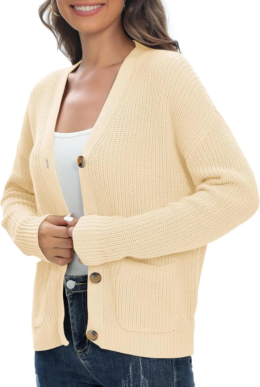 Urban CoCo Women's Lightweight Knit Open Front V-Neck Long Sleeve Button Down Casual Cardigan with Pockets