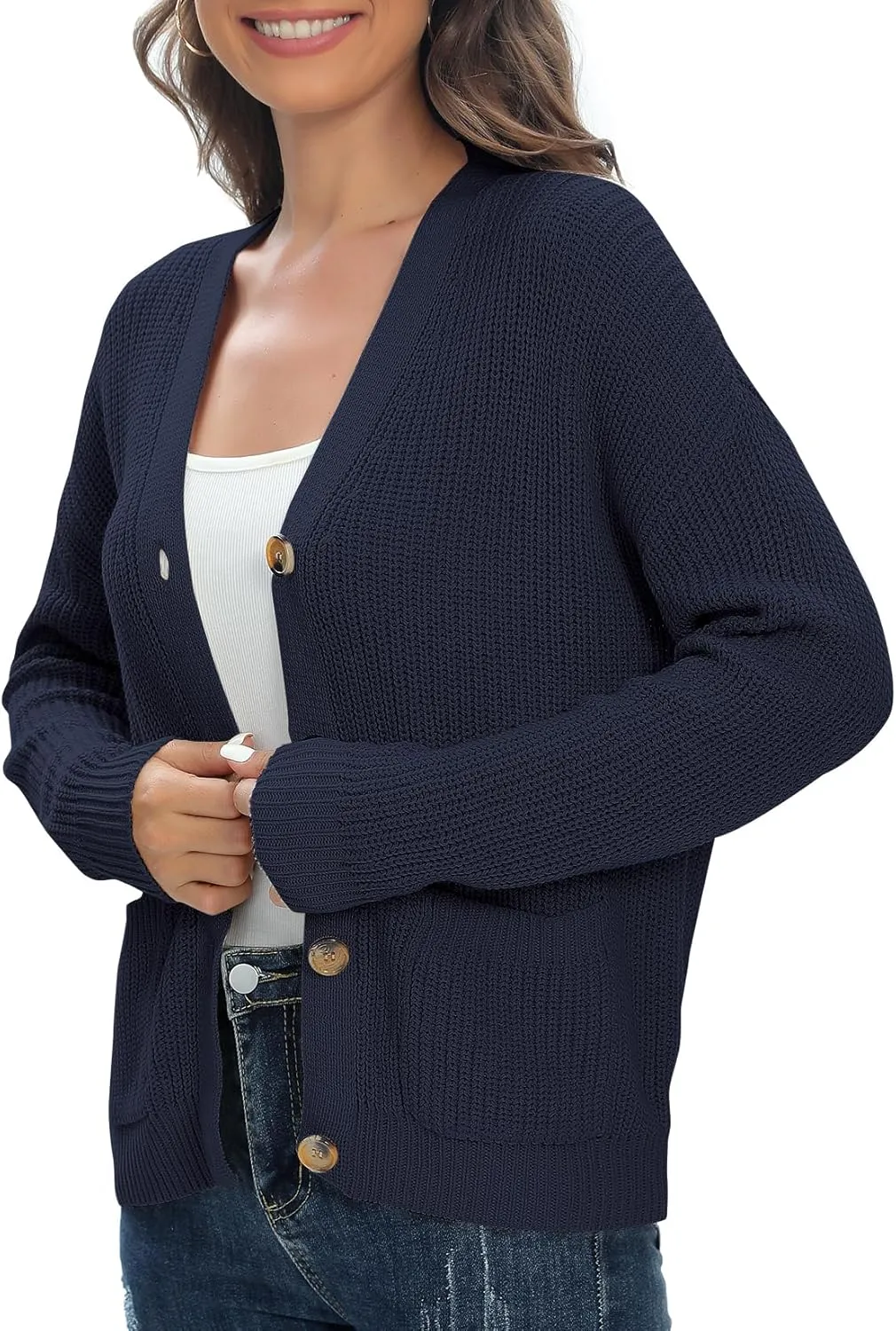Urban CoCo Women's Lightweight Knit Open Front V-Neck Long Sleeve Button Down Casual Cardigan with Pockets