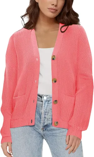 Urban CoCo Women's Lightweight Knit Open Front V-Neck Long Sleeve Button Down Casual Cardigan with Pockets