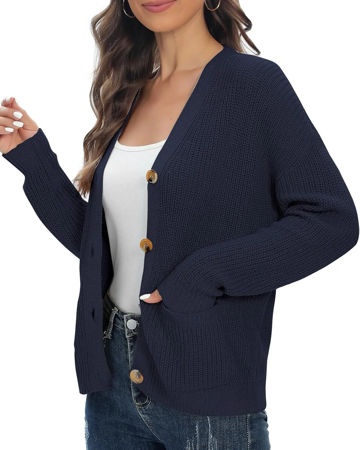 Urban CoCo Women's Lightweight Knit Open Front V-Neck Long Sleeve Button Down Casual Cardigan with Pockets
