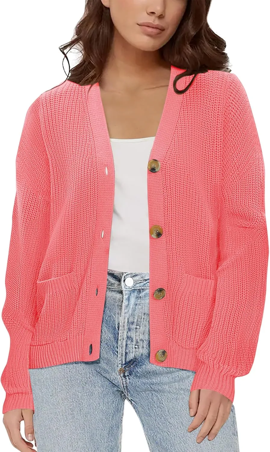 Urban CoCo Women's Lightweight Knit Open Front V-Neck Long Sleeve Button Down Casual Cardigan with Pockets
