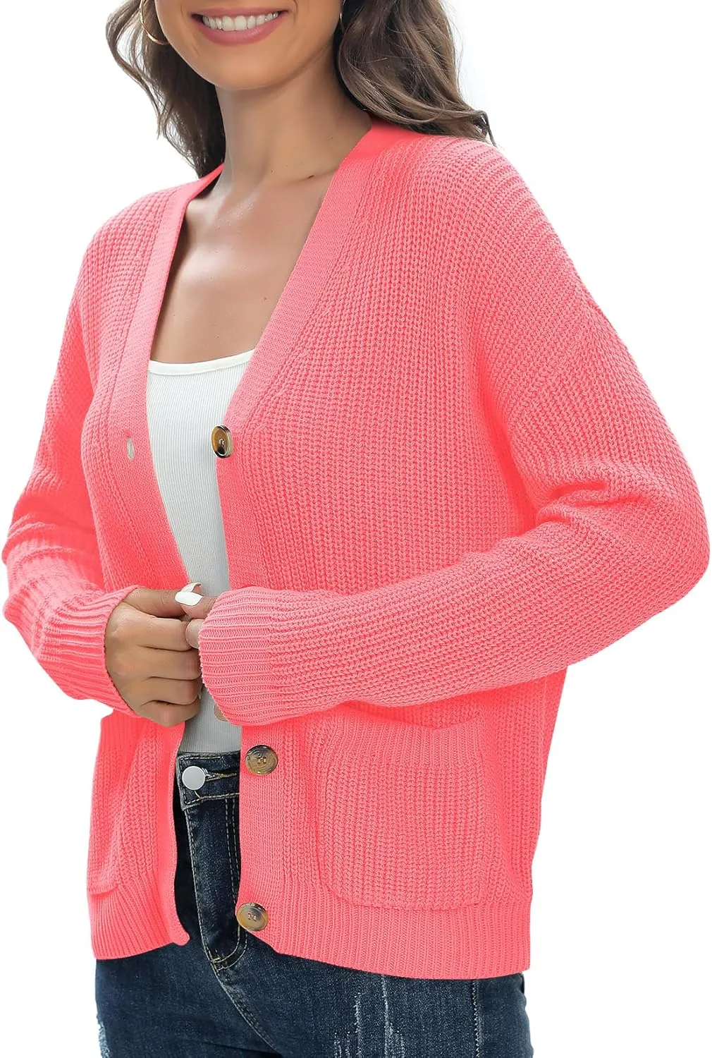 Urban CoCo Women's Lightweight Knit Open Front V-Neck Long Sleeve Button Down Casual Cardigan with Pockets
