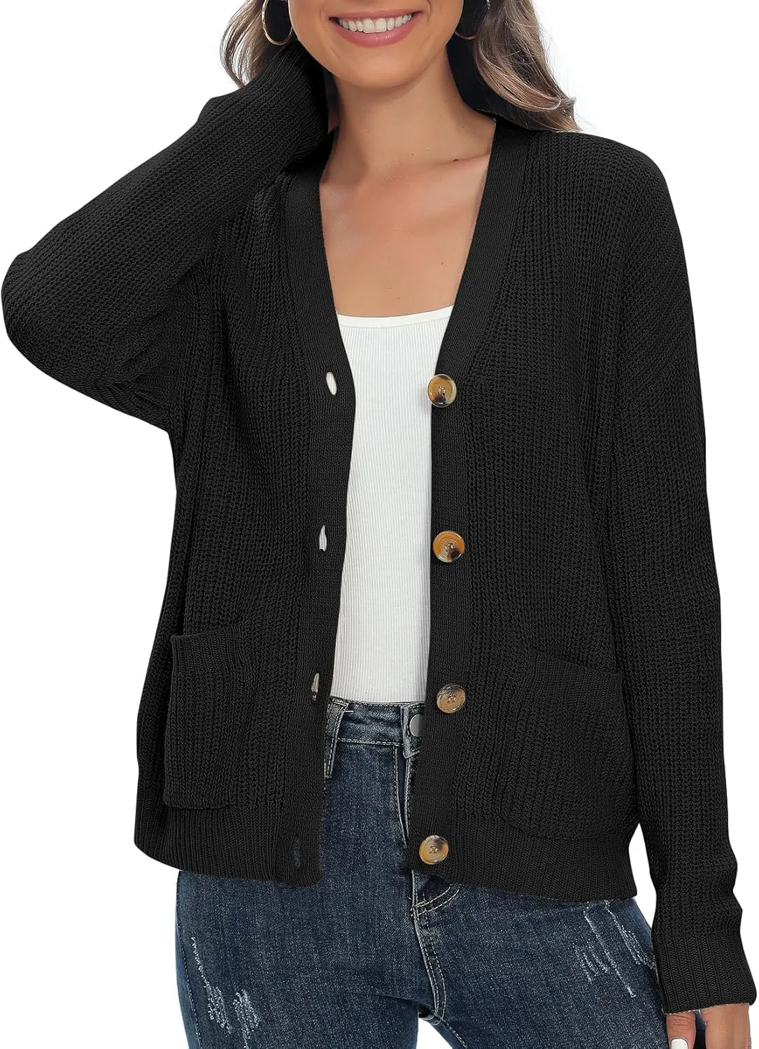 Urban CoCo Women's Lightweight Knit Open Front V-Neck Long Sleeve Button Down Casual Cardigan with Pockets