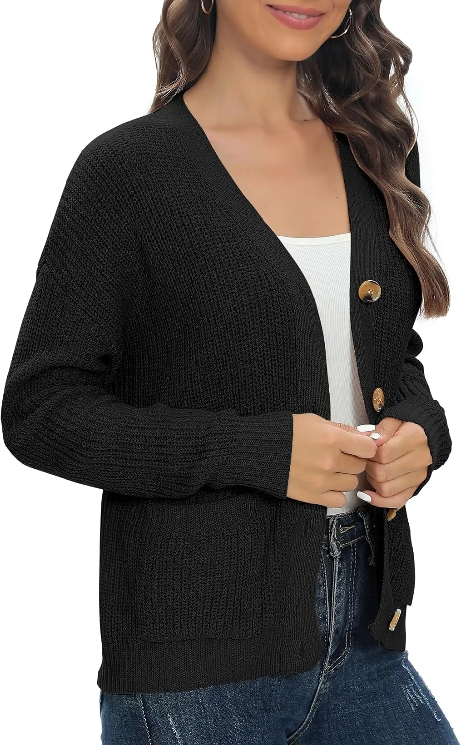 Urban CoCo Women's Lightweight Knit Open Front V-Neck Long Sleeve Button Down Casual Cardigan with Pockets