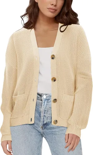 Urban CoCo Women's Lightweight Knit Open Front V-Neck Long Sleeve Button Down Casual Cardigan with Pockets