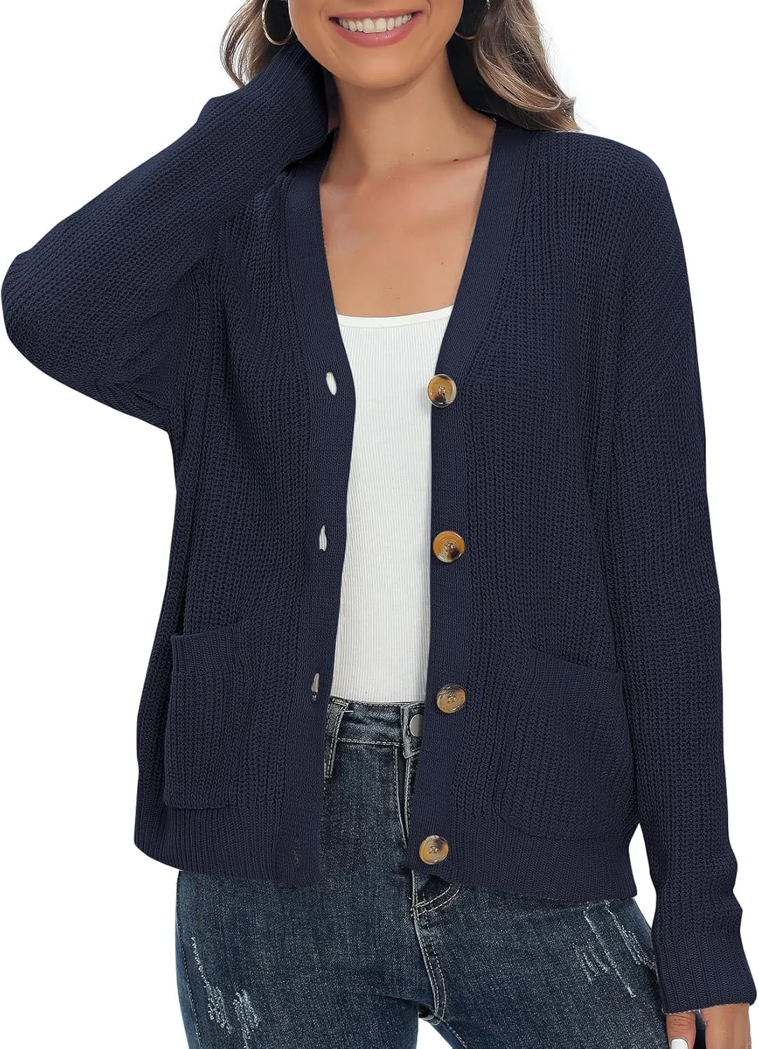 Urban CoCo Women's Lightweight Knit Open Front V-Neck Long Sleeve Button Down Casual Cardigan with Pockets
