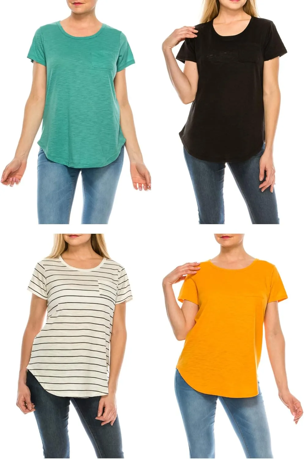 Urban Diction T-Shirts Pack of 4 Women's V-Neck Shirt Loose Essential Solid Colors Basic Scoop Neck Tees 4 Pack Womens Tops
