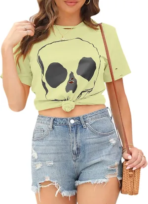 Veatzaer Summer Cotton Graphic Shirts Womens Short Sleeve Crewneck Tees Skull Distressed T Shirt Loose Casual Tops S-XXL