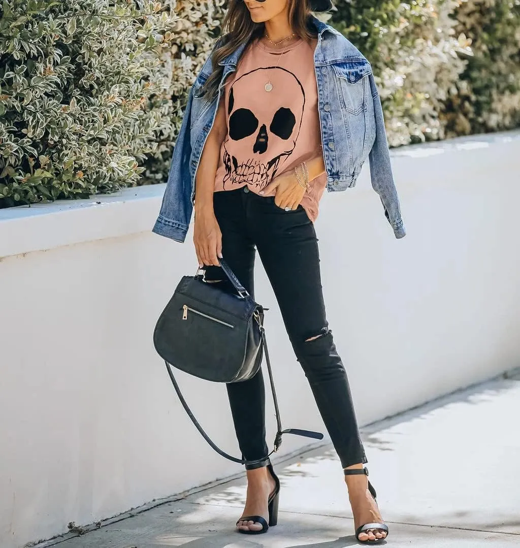 Veatzaer Summer Cotton Graphic Shirts Womens Short Sleeve Crewneck Tees Skull Distressed T Shirt Loose Casual Tops S-XXL