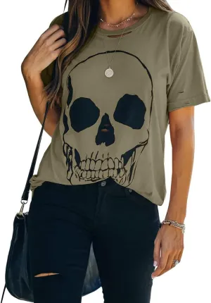 Veatzaer Summer Cotton Graphic Shirts Womens Short Sleeve Crewneck Tees Skull Distressed T Shirt Loose Casual Tops S-XXL
